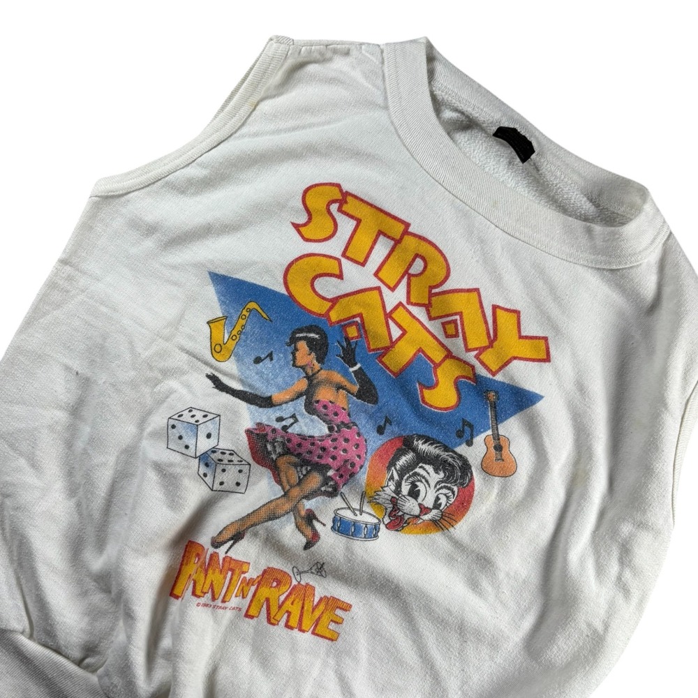 True VTG 1983 Stray Cats Rant n Rave Muscle Tee Sleeveless Sweatshirt White Sz L